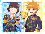  2boys :d articuno blue_oak blue_oak_(champion) blush brown_hair chibi chibi_inset closed_eyes closed_mouth collared_shirt commentary_request double_v facing_viewer fingerless_gloves gloves hands_up hat highres jacket long_sleeves male_focus mochi_(mocchi_p_2m) multiple_boys official_alternate_costume open_mouth pokemon pokemon_(game) pokemon_masters_ex red_(champion)_(pokemon) red_(pokemon) shirt short_hair smile spiked_hair star_(symbol) teeth tongue upper_teeth_only v white_shirt zapdos 