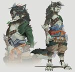  anthro anthrofied blue_eyes canid canine canis claws clothing ear_piercing ear_ring fur hair link_(wolf_form) long_hair male mammal markings multicolored_body multicolored_fur nintendo piercing ring_piercing simple_background solo the_legend_of_zelda twilight_princess uzucake white_background wolf 