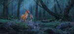  1boy animal ashitaka bridle chromadesign concept_art fantasy forest highres light_rays mononoke_hime moss nature night outdoors river serow sketch studio_ghibli tree wading 