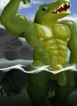  abs anthro blue_eyes bodily_fluids crocodile crocodilian crocodylid flexing flexing_bicep foreskin genitals hi_res invalid_tag male muscular muscular_male nipples outside partially_submerged pecs penis reptile scalie solo sweat teeth water wet 