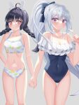  2girls antenna_hair black_hair black_ribbon blue_archive braid breasts flat_chest frilled_one-piece_swimsuit frills grey_hair hair_ornament halo highres holding_hands iririya_07 leaf_hair_ornament leaf_print legs_together miyako_(blue_archive) miyako_(swimsuit)_(blue_archive) miyu_(blue_archive) miyu_(swimsuit)_(blue_archive) multiple_girls navel nervous_smile official_alternate_costume one-piece_swimsuit ponytail purple_eyes rabbit_hair_ornament red_eyes ribbon simple_background small_breasts smile swimsuit twin_braids twintails 
