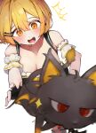  1girl absurdres black_bustier black_choker black_skirt blonde_hair blurry blush breasts bustier cat choker cleavage commentary depth_of_field detached_sleeves double-parted_bangs fang frilled_bustier frills hair_ornament hairclip highres hololive notice_lines official_alternate_costume open_mouth orange_eyes short_hair short_sleeves skirt sleeve_garter surprised virtual_youtuber white_sleeves yellow_eyes yozora_mel yozora_mel_(2nd_costume) yukirei 