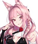  1girl animal_ear_fluff animal_ears arknights bare_shoulders bowlp braid breasts cleavage hand_up large_breasts long_hair looking_at_viewer parted_lips pink_hair pozyomka_(arknights) red_eyes solo upper_body wolf_ears 