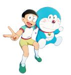  1boy ;d aqua_shirt arm_up bell black_eyes black_hair blush closed_mouth collar commentary_request doraemon doraemon_(character) full_body glasses green_footwear highres jingle_bell looking_at_viewer male_focus masser0209 neck_bell nobi_nobita one_eye_closed open_mouth outstretched_arm red_collar shirt shoes short_hair short_sleeves shorts simple_background smile socks t-shirt v whiskers white_background white_shirt white_socks yellow_shorts 