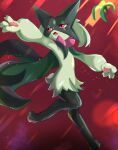  ambiguous_gender anthro biped black_body fur generation_9_pokemon green_body green_fur hi_res himimi meowscarada nintendo open_mouth pawpads pink_eyes pokemon pokemon_(species) simple_background solo 