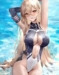 1girl alternate_costume armpits arms_up azur_lane bii_bii_(bronzeii002) blonde_hair blush breasts brown_eyes center_opening cleavage collared_one-piece_swimsuit commentary_request commission cosplay crossed_bangs dace_(azur_lane) dace_(azur_lane)_(cosplay) elbow_gloves gloves hair_between_eyes highres implacable_(azur_lane) large_breasts long_bangs long_hair looking_at_viewer navel parted_lips sideboob single_elbow_glove sitting skeb_commission solo two-tone_swimsuit very_long_hair water 
