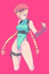  1girl beret blonde_hair blue_eyes braid breasts cammy_white closed_mouth cropped_legs green_leotard hat highleg highleg_leotard leotard long_hair medium_breasts pink_background ribbed_leotard shimazaki1152 simple_background solo street_fighter street_fighter_v thigh_strap thong_leotard twin_braids 