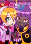  2girls arrow_through_heart black_cape blonde_hair blush bob_cut call_(mighty_no._9) candy cape chocolate commentary_request dark-skinned_female dark_skin dynatron_(mighty_no._9) fingerless_gloves food gloves green_eyes grin hair_between_eyes headphones headset heart heart-shaped_chocolate highres holding holding_chocolate holding_food horns jacket long_hair looking_at_viewer mighty_no._9 multicolored_clothes multicolored_jacket multiple_girls pink_background ponytail purple_hair red_eyes red_jacket robot robot_girl sharp_teeth short_hair simple_background smile sword takenokonoko teeth two-tone_cape two-tone_jacket valentine very_dark_skin weapon white_jacket yellow_cape yellow_horns 