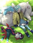  1boy altaria blue_footwear blue_mittens boots cetoddle closed_eyes commentary_request cubchoo day eyelashes grass green_hair green_pants grusha_(pokemon) highres jacket light_rays long_sleeves male_focus min_(myna8247) outdoors pants pokemon pokemon_(creature) pokemon_(game) pokemon_sv scarf scarf_removed signature sleeping sneasel snom yellow_jacket 