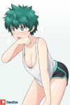  1girl absurdres blush boku_no_hero_academia breasts downblouse freckles genderswap genderswap_(mtf) green_eyes green_hair highres medium_breasts midoriya_izuku open_mouth rudy_saki short_hair shorts simple_background solo sweat white_background 