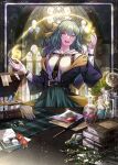  1girl belt belt_buckle book book_stack bookmark bow brown_eyes buckle crystal eu_(euspia) flask glasses glint gloves green_hair hair_between_eyes hair_bow highres hwang_jeong-yeon korean_commentary long_hair long_sleeves necktie novel_illustration official_art open_mouth paper pill plant potion quill regressor&#039;s_instruction_manual round_eyewear solo teeth upper_teeth_only vial wide_sleeves 