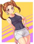  1girl black_tank_top breasts brown_eyes brown_hair closed_mouth commentary commission contemporary cougar_(cougar1404) covered_navel cowboy_shot denim denim_shorts dragon_quest dragon_quest_viii dutch_angle earrings hair_ornament hand_on_own_hip jessica_albert jewelry large_breasts light_blush looking_at_viewer medium_hair short_shorts shorts skeb_commission smile solo standing tank_top twintails white_shorts 