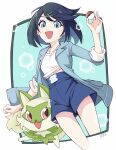  1girl :d aqua_coat aqua_eyes black_hair blue_shorts border coat commentary_request hair_ornament hairclip hand_up haruto_irasuto highres holding holding_poke_ball jewelry liko_(pokemon) looking_down necklace open_clothes open_coat open_mouth poke_ball poke_ball_(basic) pokemon pokemon_(anime) pokemon_(creature) pokemon_horizons shirt shorts signature smile sprigatito white_border white_shirt 