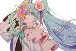  1girl aqua_eyes aqua_flower aqua_hair aqua_ribbon black_shirt bright_pupils choker commentary eiku flower flower-shaped_pupils flower_brooch frilled_choker frilled_sleeves frills hair_between_eyes hair_flower hair_ornament hair_ribbon hand_on_own_face hand_up hatsune_miku highres jacket long_hair long_sleeves looking_at_viewer magical_mirai_(vocaloid) magical_mirai_miku magical_mirai_miku_(2021) neck_ribbon one_eye_covered open_clothes open_jacket orange_flower parted_lips pink_choker pink_flower pink_ribbon purple_flower red_flower ribbon shirt simple_background solo symbol-shaped_pupils teeth twintails upper_body vocaloid white_background white_jacket white_pupils yellow_flower 