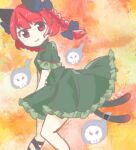  1girl animal_ears blue_bow blue_fire bow braid cat_ears cat_tail closed_mouth commentary_request dress feet_out_of_frame fire floating_skull green_dress hair_bow hair_ribbon highres kaenbyou_rin knees_together_feet_apart light_blush light_smile long_hair looking_at_viewer multiple_tails nekomata one-hour_drawing_challenge orange_background partial_commentary red_eyes red_hair ribbon salt_(seasoning) simple_background solo tail touhou tress_ribbon twin_braids two_tails v_arms 