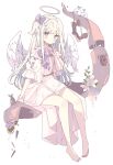  angel angel_wings antique_telephone bare_legs bare_shoulders barefoot bow branch collarbone colored_skin dress feathered_wings feathers flower hair_bow halo highres original purple_flower ribbon tsukiyo_(skymint) violet_eye white_dress white_flower white_hair white_skin white_wings wings 