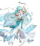  1girl bare_shoulders belt blue_hair breasts cape detached_sleeves dress feather_trim fire_emblem fire_emblem:_the_blazing_blade fire_emblem_heroes full_body gradient_clothes hair_ornament highres long_dress long_skirt medium_breasts ninian_(fire_emblem) non-web_source official_art red_eyes skirt solo transparent_background uroko_(mnr) 