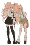  2girls :d ahoge bag bear_hair_ornament black_bow black_choker black_footwear black_skirt black_thighhighs blonde_hair blue_eyes bow breasts brown_bag choker cleavage criis-chan danganronpa:_trigger_happy_havoc danganronpa_(series) dress_shirt earrings enoshima_junko green_necktie hair_ornament hand_up high_heels jewelry leaning_to_the_side long_hair medium_breasts midriff miniskirt multiple_girls nail_polish necktie panty_&amp;_stocking_with_garterbelt panty_(psg) plaid plaid_skirt pleated_skirt red_nails shirt shirt_tucked_in shoes short_sleeves shoulder_bag simple_background skirt smile teeth thighhighs twintails twitter_username upper_teeth_only white_background zettai_ryouiki 