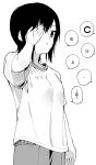  1girl absurdres armpits black_hair bra downblouse examination greyscale hand_on_own_face highres monochrome original shirt sho_bu_1116 short_hair translation_request underwear white_shirt 