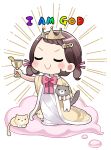  1girl animal blush bow brown_hair c: cat chalice chibi closed_eyes cup english_text hair_ornament hair_ribbon highres holding holding_animal holding_cat holding_cup kurihara_sakura original pink_bow pink_ribbon ribbon robe simple_background smile solo standing text_hair_ornament tiara 