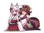  2girls animal_ears black_gloves blush book breasts brown_gloves brown_hair brown_thighhighs closed_eyes closed_mouth elbow_gloves fingerless_gloves fox_ears fox_girl fox_tail gloves highres holding holding_book hugging_another&#039;s_tail hugging_tail japanese_clothes leaf leaf_on_head littlecloudie long_hair medium_breasts miko multiple_girls original raccoon_ears raccoon_girl raccoon_tail red_eyes seiza short_hair short_ponytail simple_background sitting tail thighhighs wariza white_background white_hair 