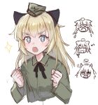 1girl anger_vein black_bow blonde_hair blush bow chibi crying expressions fang garrison_cap hat helma_lennartz highres musical_note olive_gun_on_a_pigeon open_mouth sketch solo sparkle sparkling_eyes strike_witches world_witches_series 