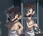  2boys brothers brown_hair facial_hair indoors luigi male_focus mari_luijiroh mario mario_&amp;_luigi_rpg mario_(series) masanori_sato_(style) multiple_boys mustache scar short_hair siblings topless_male towel_around_waist white_towel 