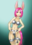  2023 anthro asinus biped breasts buckteeth chain chastity_belt chastity_bra chastity_device danaume donkey easter easter_egg egg equid equine eyebrows female front_view hair hi_res holidays looking_down mammal navel open_mouth pink_hair short_hair simple_background solo standing tan_body teeth 