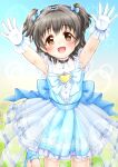  1girl :d akagi_miria arms_up black_hair blue_bow blue_dress blue_footwear blush bow brown_eyes commentary_request covered_collarbone dress gloves hair_between_eyes hair_bow hairband heart highres idolmaster idolmaster_cinderella_girls idolmaster_cinderella_girls_starlight_stage pleated_dress regular_mow see-through shirt shoes smile solo standing standing_on_one_leg sweat two_side_up white_gloves white_shirt 
