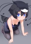  1girl absurdres antenna_hair areola_slip bare_arms bare_shoulders bird_tail black_hair black_headwear blue_eyes breasts chestnut_mouth commentary downblouse grey_background hair_between_eyes hat head_wings highres kemono_friends kneeling looking_at_viewer masuyama_ryou no_bra open_mouth pantyhose short_hair simple_background small_breasts solo spaghetti_strap tail western_parotia_(kemono_friends) wings 