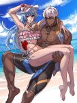  1boy 1girl barefoot beach bikini blue_hair carrying carrying_person feet frilled_bikini frills highres jacket k&#039;_(kof) kula_diamond long_hair looking_at_viewer open_clothes open_jacket pink_bikini short_hair smile swimsuit syachiiro tan the_king_of_fighters toes tongue tongue_out topless_male white_hair white_headwear 