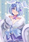  1girl aqua_eyes blue_hair bob_cut breasts cleavage collarbone commentary_request elira_pendora elira_pendora_(2nd_costume) fur_trim hair_ornament hair_over_one_eye hairclip head_wings highres japanese_clothes jewelry key key_necklace kimono necklace nijisanji nijisanji_en official_alternate_costume partial_commentary reityana smile solo virtual_youtuber wings 