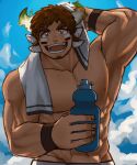  1boy 9ry_2515 :d abs animal_ears backlighting bara brown_eyes brown_hair cow_boy cow_ears cow_horns cowboy_shot dark-skinned_male dark_skin ear_wiggle eye_black facial_hair fiery_horns forked_eyebrows glowing_horns goatee highres horns large_pectorals looking_at_viewer male_focus motion_blur muscular muscular_male nipples pectorals short_hair smile solo spiked_hair stomach sweat thick_eyebrows tokyo_afterschool_summoners topless_male towel towel_around_neck wakan_tanka wiping_sweat 