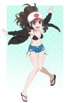  1girl :d aqua_eyes baseball_cap bikini bikini_top_only black_footwear border breasts brown_hair commentary_request eyelashes gensei00 green_background hat high_ponytail highres hilda_(pokemon) jacket knees_together_feet_apart long_hair navel open_clothes open_jacket open_mouth poke_ball_print pokemon pokemon_(game) pokemon_bw sandals shiny_skin short_shorts shorts sidelocks smile solo swimsuit teeth toes upper_teeth_only white_border 