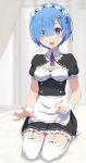  1girl blue_eyes blue_hair blush breasts camui1104 cleavage commentary_request eyes_visible_through_hair hair_ornament hair_over_one_eye hair_ribbon highres kneeling lap_pillow_invitation looking_at_viewer maid maid_headdress medium_breasts open_mouth purple_ribbon re:zero_kara_hajimeru_isekai_seikatsu rem_(re:zero) ribbon ribbon-trimmed_clothes ribbon_trim short_hair solo thighhighs wrist_cuffs x_hair_ornament 