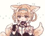  1girl animal_ear_fluff animal_ears arknights bare_shoulders black_collar black_gloves blonde_hair blue_hairband blush braid braided_hair_rings clenched_hands collar commentary_request dress fox_ears fox_girl fox_tail frilled_sleeves frills gloves hair_between_eyes hair_rings hairband hands_up iipoyo_(364poyo) infection_monitor_(arknights) kitsune kyuubi multiple_tails open_mouth oripathy_lesion_(arknights) short_sleeves single_glove solo suzuran_(arknights) tail twin_braids upper_body yellow_eyes 