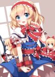  1girl alice_margatroid blonde_hair blue_dress blue_eyes blush book capelet dress grimoire_of_alice hairband highres holding holding_book lance lolita_hairband looking_at_viewer open_mouth polearm red_hairband ruu_(tksymkw) shanghai_doll shield short_hair smile solo touhou weapon white_capelet 