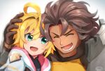  armor blonde_hair blush brown_hair capelet closed_eyes commentary_request dragalia_lost ebi_(hachikunperoi) euden green_eyes hand_on_another&#039;s_head heads_together hood hood_down hooded_capelet laughing looking_at_another open_mouth pauldrons ranzal_(dragalia_lost) shoulder_armor signature white_background 