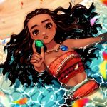  1girl absurdres arm_up beach black_hair brown_eyes disney falling_petals hair_slicked_back highres holding holding_jewelry jewelry long_hair looking_at_object lying mal_to_mal moana_(movie) moana_waialiki necklace ocean on_back orange_tank_top parted_lips partially_submerged petals tank_top 