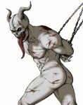  1boy abs absurdres ass bara black_sclera blood bound bound_arms chain chained chidaruma colored_sclera completely_nude convenient_leg cuts demon_boy demon_horns dorohedoro feet_out_of_frame fingernails frown highres horns injury large_pectorals long_tongue looking_at_viewer male_focus muscular muscular_male nipples nude pale_skin pectorals sharp_fingernails sharp_teeth skull smokerichi solo teeth thighs tongue very_long_tongue 
