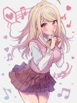  1girl ahoge akamatsu_kaede blush breasts closed_mouth collared_shirt cowboy_shot danganronpa_(series) danganronpa_v3:_killing_harmony grey_shirt hair_ornament hands_up heart highres index_finger_raised large_breasts long_hair long_sleeves musical_note musical_note_hair_ornament pink_eyes pink_skirt pink_vest pleated_skirt shiny_skin shirt skirt smile solo urami0310 vest 