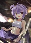  1girl akisome_hatsuka bat_wings blurry blurry_background breasts clothes_lift commentary_request fang lifted_by_self looking_at_viewer low_wings medium_breasts navel one_side_up open_mouth pointy_ears purple_hair red_eyes remilia_scarlet short_hair solo touhou wings 