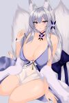  1girl absurdres alternate_costume animal_ears azur_lane babydoll barefoot blue_bow blue_camisole blue_choker blue_eyes blush bow breasts camisole choker cleavage_cutout clothing_cutout commentary feather_boa flower_choker fox_ears fox_girl fox_tail full_body grey_background grey_hair hair_between_eyes hair_ornament highres large_breasts long_hair looking_at_viewer multiple_tails parted_lips shinano_(azur_lane) sidelocks simple_background sironekomia1 sitting solo strap_pull strap_slip tail very_long_hair wrist_flower wristband 
