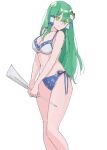  1girl adapted_costume bikini blue_bikini breasts cleavage closed_mouth commentary feet_out_of_frame frog_hair_ornament gohei green_eyes green_hair hair_ornament hair_tubes highres holding kochiya_sanae long_hair looking_at_viewer one-hour_drawing_challenge sidelocks simple_background solo swimsuit tohoyuukarin touhou white_background white_bikini 