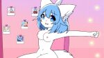  blue_hair breasts canid canine canis female fur hair hi_res humanoid looking_at_viewer mammal nude pink_chair screenshot_edit solo stretching sunniarts tagme white_body white_fur wolf wolfychu 