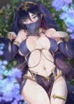  1girl alternate_costume armlet bare_shoulders black_hair bracelet breasts detached_sleeves genshin_impact green_eyes halterneck highres jewelry large_breasts long_hair looking_at_viewer mona_(genshin_impact) mouth_veil navel neck_ring pelvic_curtain revision solo stomach thighlet thighs tinnies twintails veil 