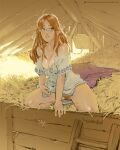  1girl bare_shoulders barn blanket blue_eyes breasts female_pubic_hair hay highres long_hair looking_to_the_side malon messy_hair nipples no_bra off_shoulder parted_lips pointy_ears pubic_hair pussy solo the_legend_of_zelda the_legend_of_zelda:_ocarina_of_time winton_kidd 