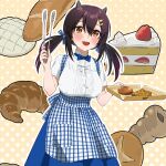  1girl absurdres apron azur_lane baguette black_hair blue_apron blue_bow blue_bowtie blue_ribbon blue_skirt blush bow bowtie bread cake cake_slice checkered_apron checkered_clothes checkered_ribbon commission croissant dr._gero_(staedtler_0508) food fruit hair_between_eyes hair_ornament hair_ribbon hairclip hands_up highres holding holding_tongs holding_tray horns low_twintails medium_hair melon_bread nagara_(azur_lane) open_mouth orange_eyes pastry ribbon shirt short_sleeves skeb_commission skirt smile solo strawberry tongs tray twintails white_apron white_ribbon white_shirt 