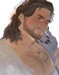  1boy 1girl absurdres baldur&#039;s_gate baldur&#039;s_gate_3 bara beard_stubble blush brown_hair chest_hair colored_skin dungeons_and_dragons fingernails gale_(baldur&#039;s_gate) grabbing_another&#039;s_arm head_tilt hetero highres large_pectorals male_focus mature_male medium_hair muscular muscular_male mustache_stubble nona_(illumancer) open_clothes open_shirt pectoral_cleavage pectorals purple_skin sharp_fingernails solo_focus thick_eyebrows upper_body 