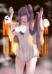  1girl arms_up bare_shoulders blunt_bangs breasts cleavage collarbone covered_nipples cowboy_shot cross_pasties fingernails ghost ghost_print girls&#039;_frontline glowing glowing_eyes halloween_costume highres large_breasts long_fingernails long_hair looking_at_viewer multicolored_hair off-shoulder_shirt off_shoulder open_mouth oversized_clothes pasties popoman purple_eyes purple_hair red_nails see-through see-through_silhouette shirt side_ponytail smile solo steam streaked_hair tongue tongue_out very_long_hair white_shirt 
